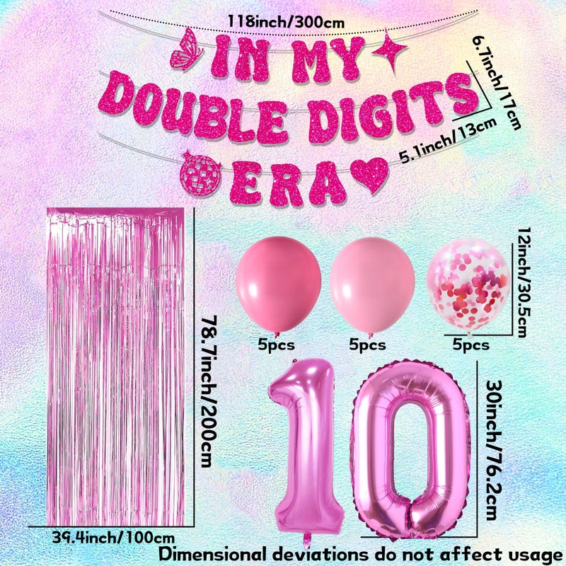 Roaring Good Time 10th Birthday Decorations Pink In My Double Digits Era Banner Double Digits Birthday Happy 10th Birthday Decorations for Number 10 Balloon Girls Boys Double Digits Party Supplies - Image 2
