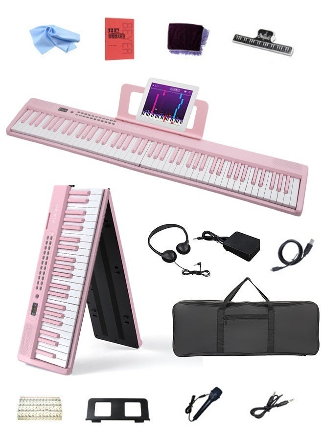 والالا بيانو إلكتروني قابل للطي بـ 88 مفتاحًا، مزود بلوحة مفاتيح من النوع C، بجهد 5 فولت، وشاشة LED ثلاثية الأرقام، مع وضع بلوتوث مزدوج، و1000 إيقاع، و1000 نغمة، و150 عرضًا تجريبيًا للمبتدئين والبالغين (لون وردي، وزن 4.4 كجم). - Image 1