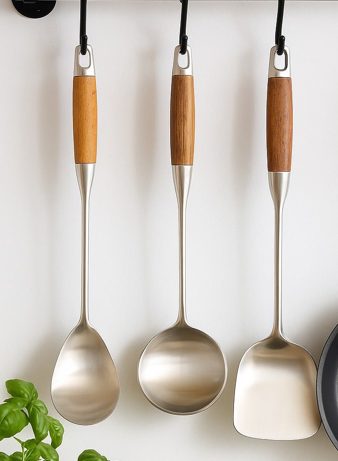 British Chef 3 Pcs Stainless Steel Kitchen Utensils/Spoon Set | Wooden Handle | Long Handle Spoons | Ladle/Turner/ Rice Spoon | Soup/Gravy Ladle | Frying/Grilling Turner | BC313+BC314+BC318 - Image 2