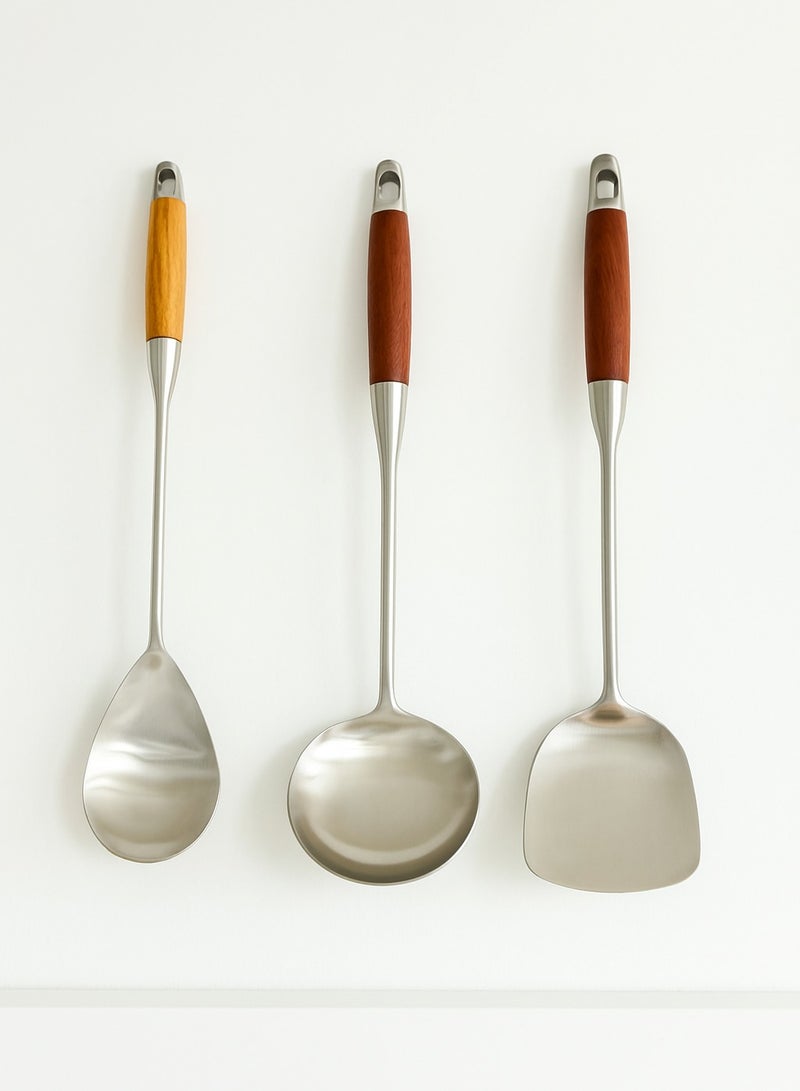 British Chef 3 Pcs Stainless Steel Kitchen Utensils/Spoon Set | Wooden Handle | Long Handle Spoons | Ladle/Turner/ Rice Spoon | Soup/Gravy Ladle | Frying/Grilling Turner | BC313+BC314+BC318 - Image 1