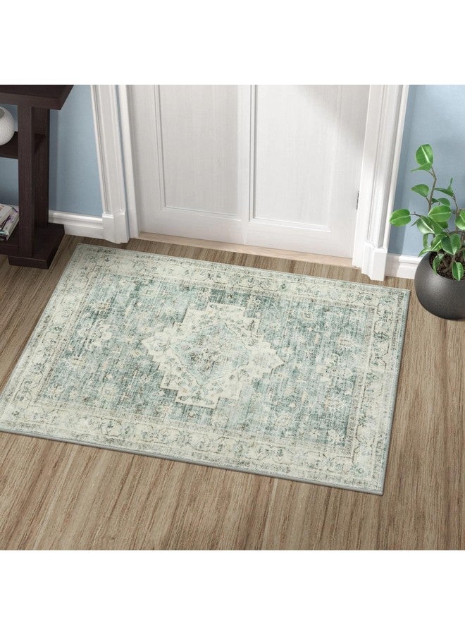 LIVEBOX Washable Rug 2x3 Kitchen Mats for Floor Entryway, Non Slip Front Door Mat for Bathroom Hallway, Boho Low-Pile Small Carpet Farmhouse Throw Indoor Rugs for Bath Sink, Sage Green - Image 1