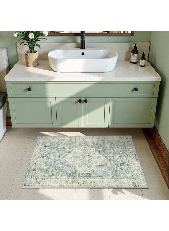 LIVEBOX Washable Rug 2x3 Kitchen Mats for Floor Entryway, Non Slip Front Door Mat for Bathroom Hallway, Boho Low-Pile Small Carpet Farmhouse Throw Indoor Rugs for Bath Sink, Sage Green - Image 3