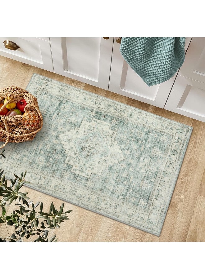 LIVEBOX Washable Rug 2x3 Kitchen Mats for Floor Entryway, Non Slip Front Door Mat for Bathroom Hallway, Boho Low-Pile Small Carpet Farmhouse Throw Indoor Rugs for Bath Sink, Sage Green - Image 2