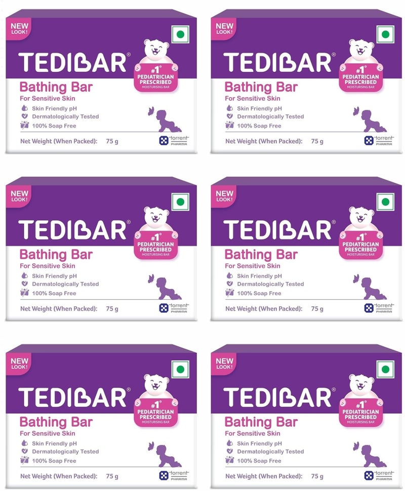 Tedibar Moisturising Baby Bathing Bar with Skin Friendly PH|100% Soap Free|Prevents Dryness & Rashes|Dermatologically Tested 75gm x Pack of 6 - Image 1