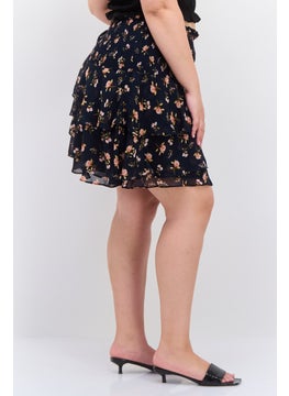 1 State Women Plus Size Floral Print Mini Skirts, Navy Combo  - Image 3
