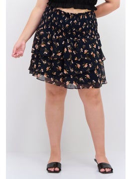 1 State Women Plus Size Floral Print Mini Skirts, Navy Combo  - Image 1