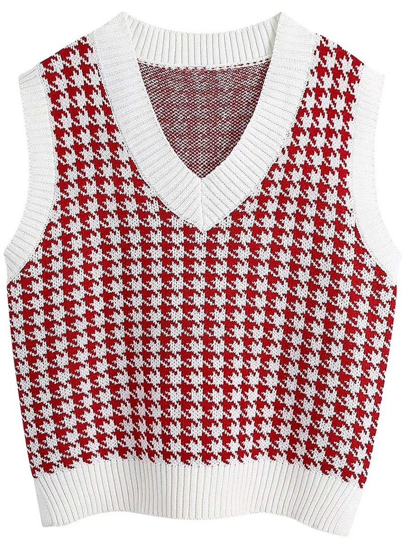 NIBEMINENT Sweater Vest Women Loose V-neck Plaid Retro Underwear Knitted Tops Korean Fashion Patchwork Sleeveless Sweaters - Image 1