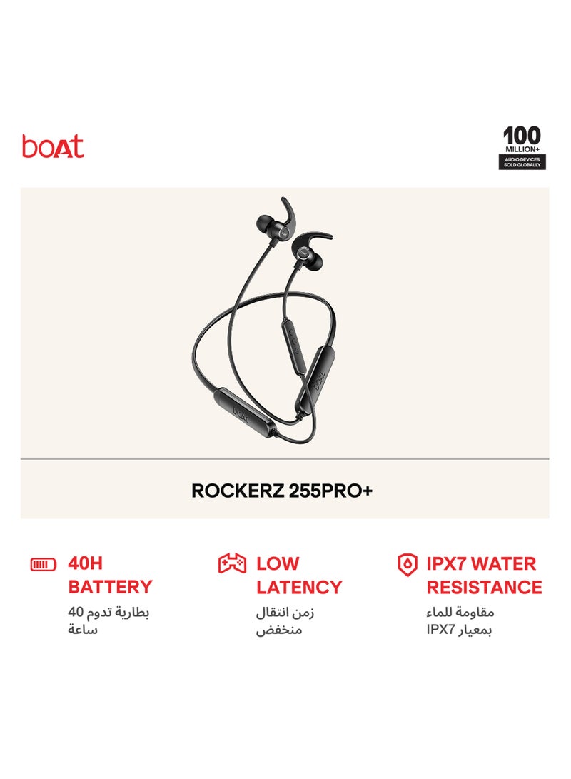 بوات بوت روكرز 255 برو+، بطارية تدوم 60 ساعة، شحن سريع، IPX7، اقتران مزدوج، زمن استجابة منخفض، سماعات مغناطيسية، دعم التطبيق، سماعات رقبة لاسلكية بلوتوث داخل الأذن مع ميكروفون (أسود نشط) - Image 1