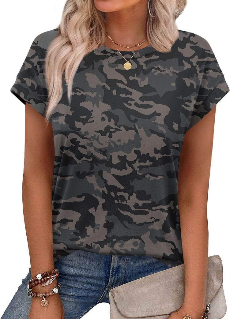 Alaroo Camo Shirt Women Summer Tops Short Sleeve Spring Clothes Crew Neck Cute Trendy Vacation Outfits Tunic Blouses Print 62 L - Image 1