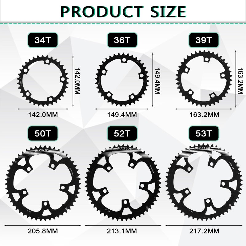 BUCKLOS 110BCD Bike Chainring Set with Pin, Double Round 5 Bolts Aluminum Chainring 50T 34T 52T 36T 53T 39T for Road Bike Bicycle Fits 8 9 10 11 Speed Chains - Image 2