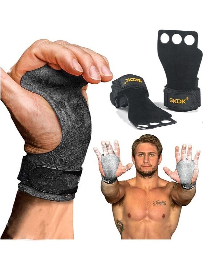 SKDK 3-Hole Finger Crossfit Leather Hand Grips with Neoprene Wrist Wraps for Gymnastics Rings Gym Weight Lifting Pull Up Bar Training,Hand Protection from Rips and Blisters for Men and Women M - Image 1