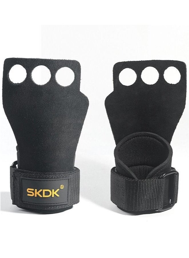 SKDK 3-Hole Finger Crossfit Leather Hand Grips with Neoprene Wrist Wraps for Gymnastics Rings Gym Weight Lifting Pull Up Bar Training,Hand Protection from Rips and Blisters for Men and Women M - Image 3