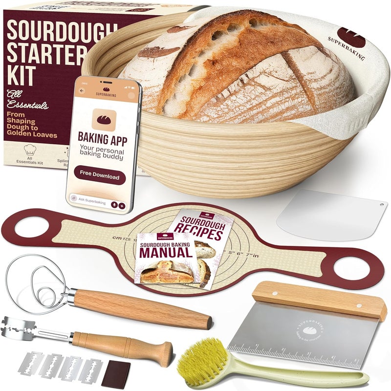 Superbaking Banneton Bread Proofing Basket Set with Silicone Dough Sling, 9" Splinter-Free Proofing Basket, Non-Stick Dutch Oven Liner, Sourdough Starter Kit, Sourdough Bread Baking Supplies & Tools - Image 1