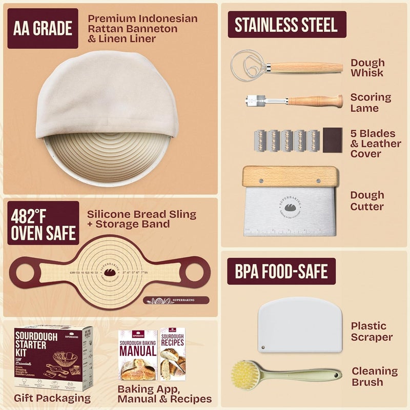 Superbaking Banneton Bread Proofing Basket Set with Silicone Dough Sling, 9" Splinter-Free Proofing Basket, Non-Stick Dutch Oven Liner, Sourdough Starter Kit, Sourdough Bread Baking Supplies & Tools - Image 2