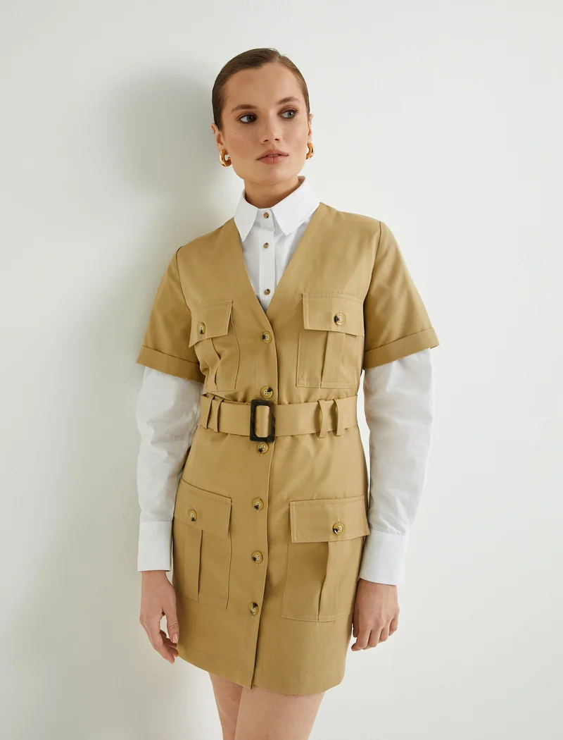 كوتون V Neck Buttoned Dress