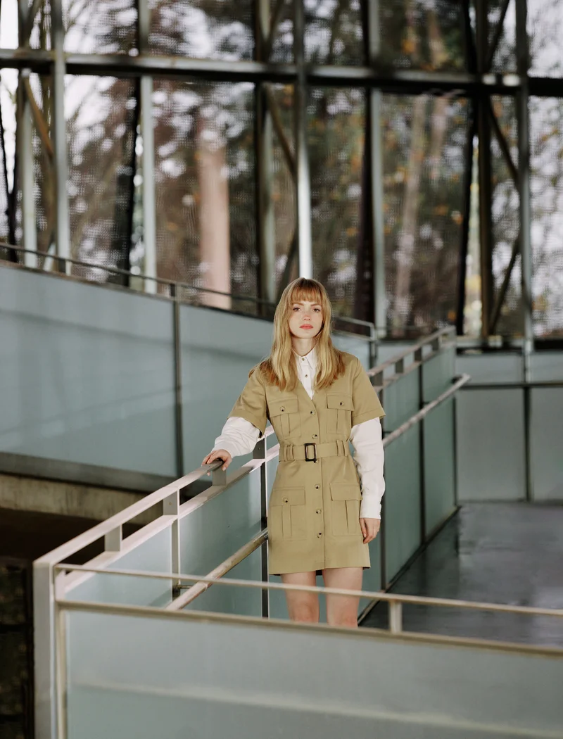 كوتون V Neck Buttoned Dress