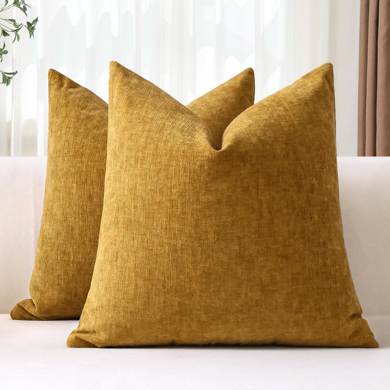JOTOM Set of 2 Cushion Covers 50x50 cm Soft Chenille Gold Yellow Decorative Throw Pillow Covers 20x20 Inch Square Cushion Case Solid Pillowcases for Couch Sofa Living Room Bed Home Decor Gold Yellow