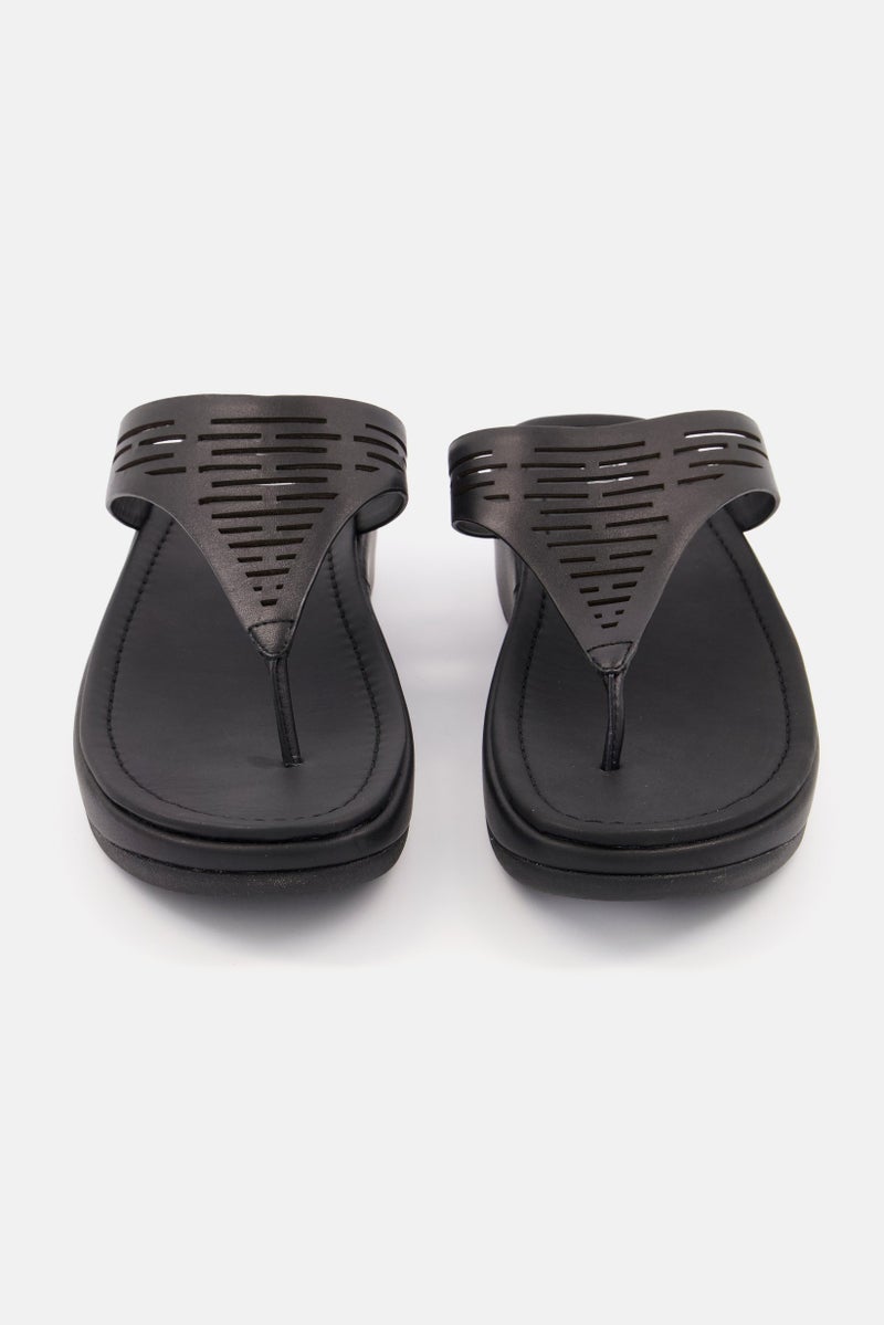 FitFlop Women Lulu Sleek Laser Cut Leather Toe Post Sandals, All Black - Image 3