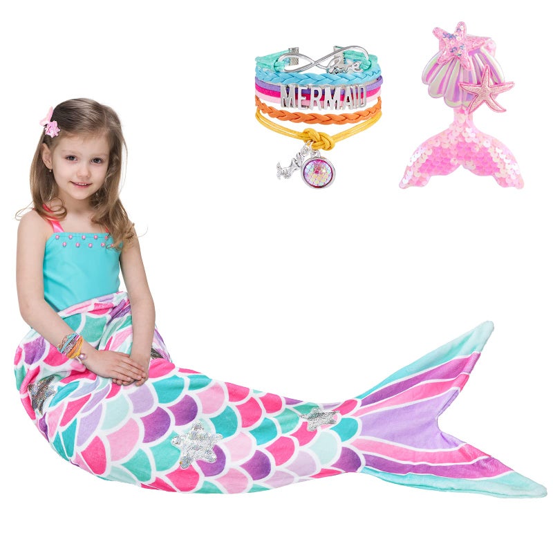 Wernnsai Mermaid Tail Blanket  Wearable Mermaid Soft Blanket with Glitter Stars Sequin Hairpin Bracelet for Girls Teens Pink Soft Flannel Snuggle Blanket 55 x 24 Gift for Birthday Christmas 
