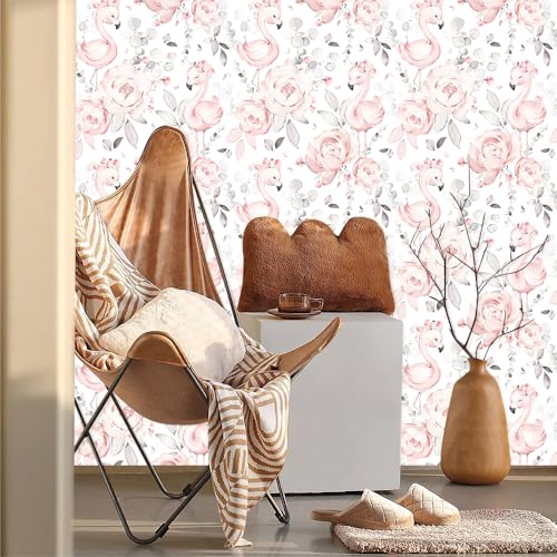 MuralPeel Cute Pink Floral White Grey Flamingo Peel and Stick Wallpaper Self Adhesive Removable Easy Peel Off Contact Paper Stick on Wall Paper for Bedroom Cabinet Renter Friendly - Image 3