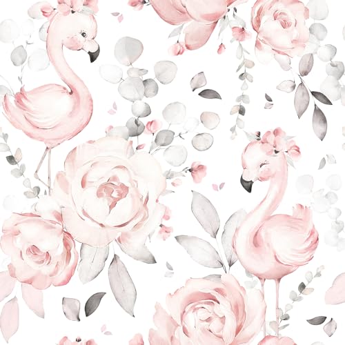 MuralPeel Cute Pink Floral White Grey Flamingo Peel and Stick Wallpaper Self Adhesive Removable Easy Peel Off Contact Paper Stick on Wall Paper for Bedroom Cabinet Renter Friendly - Image 1