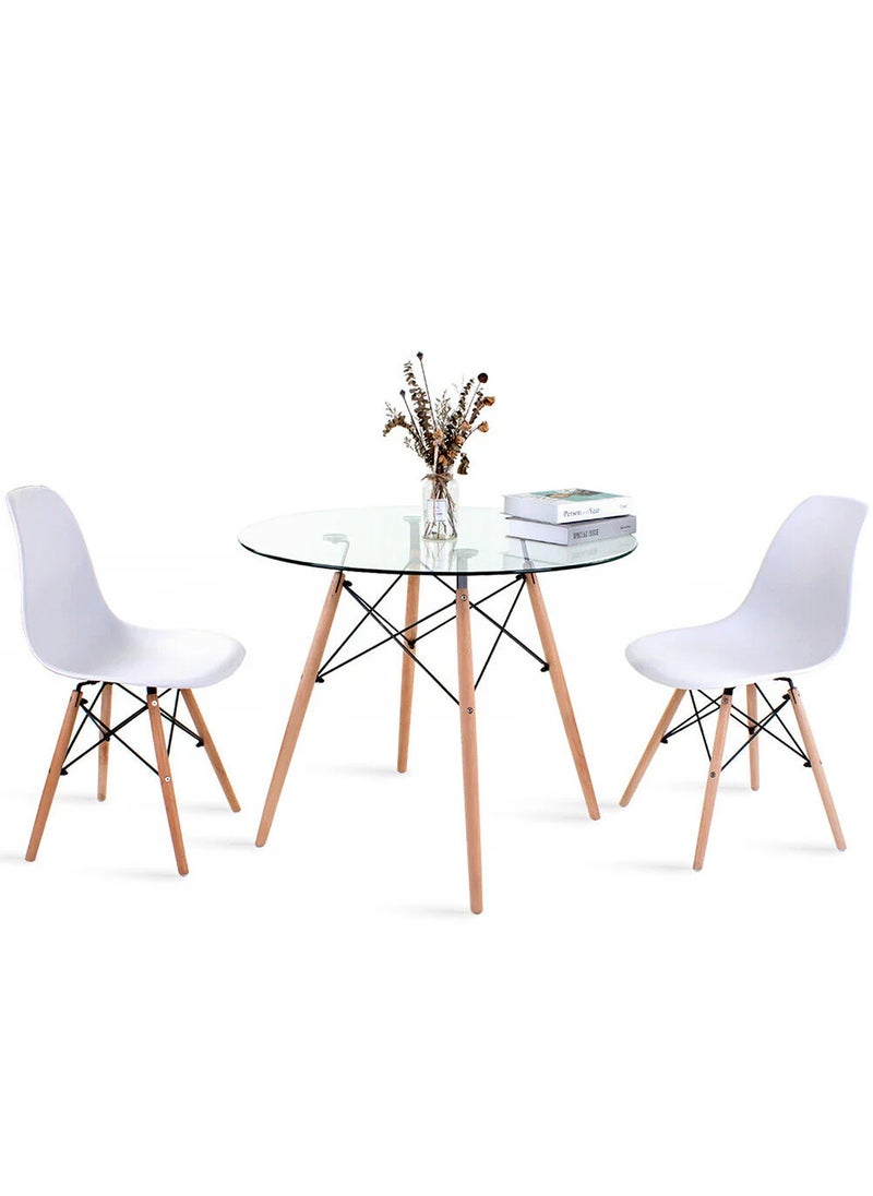 Taimi 3-Piece Dining Set – Round Tempered Glass Table 80x80x72cm with Wooden Legs & 2 White Chairs  - Image 4