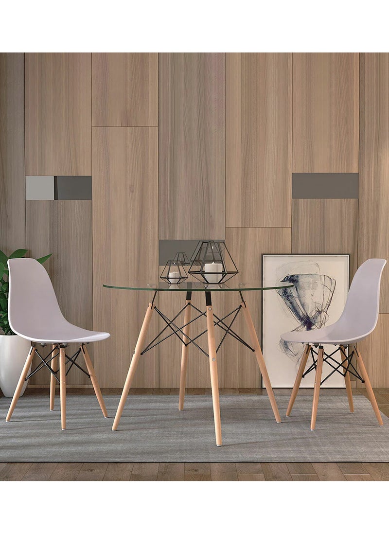 Taimi 3-Piece Dining Set – Round Tempered Glass Table 80x80x72cm with Wooden Legs & 2 White Chairs  - Image 5
