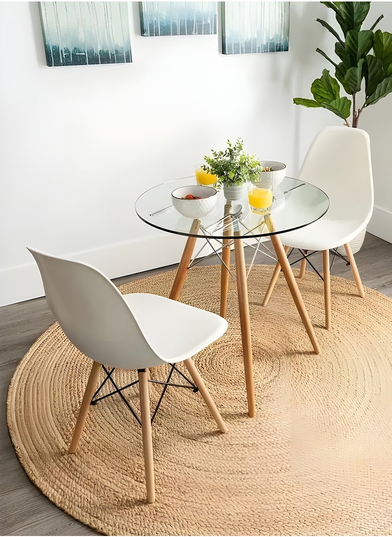 Taimi 3-Piece Dining Set – Round Tempered Glass Table 80x80x72cm with Wooden Legs & 2 White Chairs  - Image 2