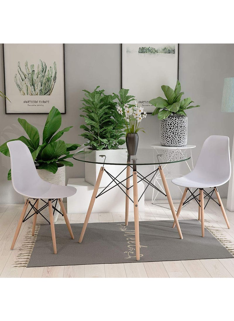 Taimi 3-Piece Dining Set – Round Tempered Glass Table 80x80x72cm with Wooden Legs & 2 White Chairs  - Image 3