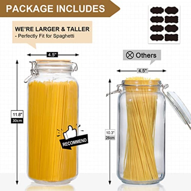 [أطول] برطمانات زجاجية بوزن 92oz مع غطاء محكم، برطمانات زجاجية كبيرة لتخزين الطعام، 3 عبوات من برطمانات زجاجية محكمة الغلق بفتحة واسعة لمخزن السباغيتي، برطمانات ماسون مربعة مع ملصقات - Image 3
