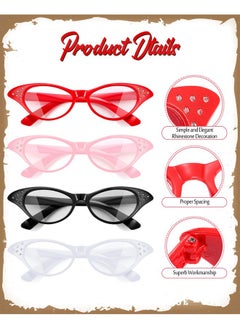 Jovitec JOVITEC 4 Pieces Cat Eye Glasses with Rhinestones 50's 60's Party Costume Glasses for Hip Hop Dress up Halloween Party Favor (Red, Black, White, Pink)  - Image 2