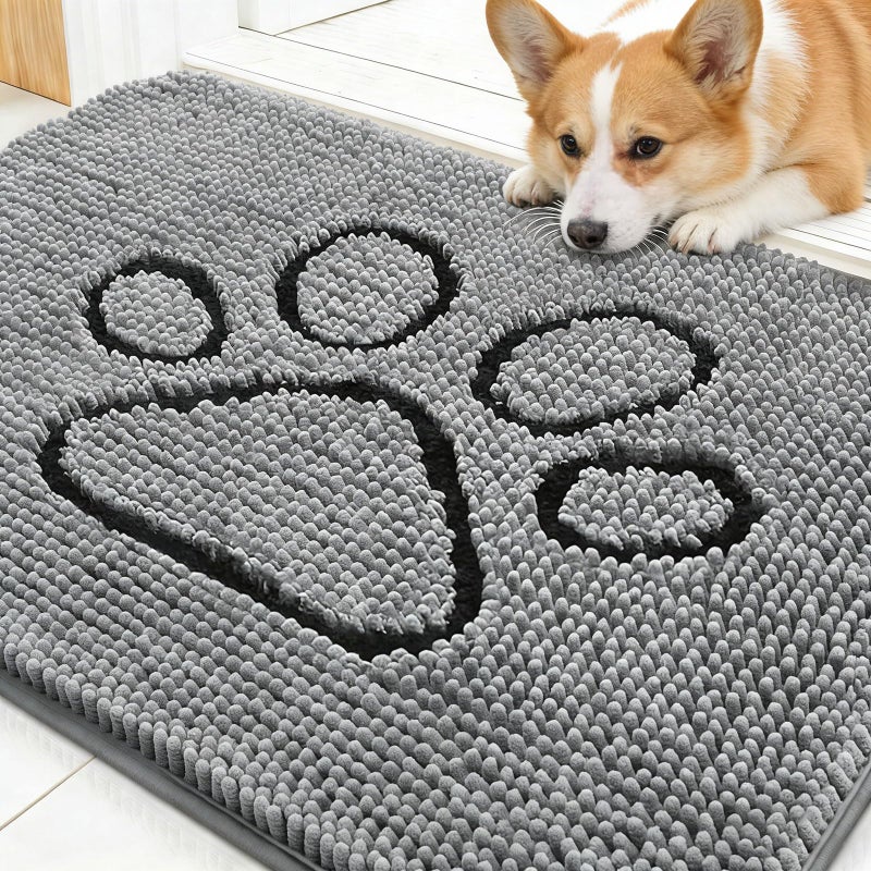 OLANLY Dog Door Mat for Muddy Paws 30x20, Paw Print Design, Absorbs Moisture and Dirt, Absorbent Non-Slip Washable Doormat, Quick Dry Chenille Mud Mat for Dogs, Entry Indoor Entryway Carpet, Grey - Image 1