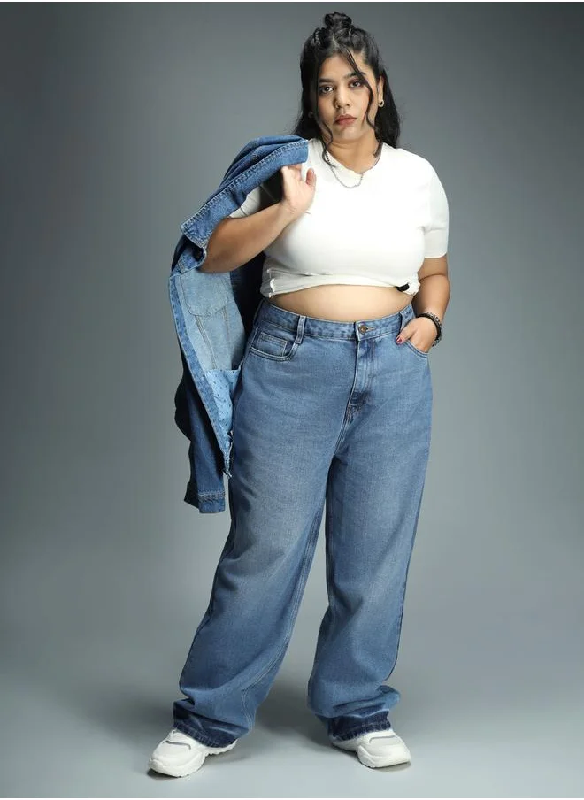 HIGH STAR Plus High Rise Light Wash Relaxed Fit Jeans by Styli