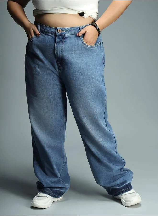 HIGH STAR Plus High Rise Light Wash Relaxed Fit Jeans by Styli