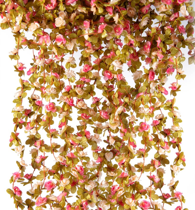 PONKING 6 Pcs x 82 ft Flower Garland Artificial Rose Vine Flowers with Green Leaves Hanging Fake Roses Vine for Room Party Home Wedding Birthday Christmas Wall Arch Decor Pink Champagne Flower