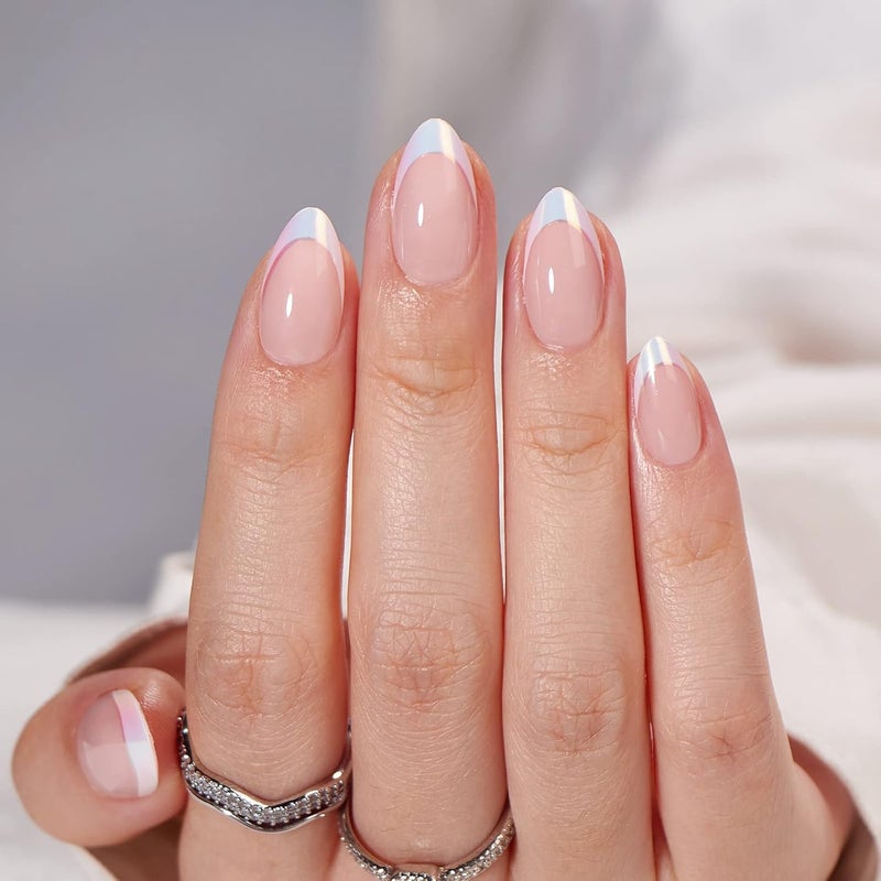 BTArtbox French Tip Press On Nails - White Press On Nails Almond, Short Fake Nails with Nail Glue, Fit Perfectly & Natural Reusable Stick on Nails in 16 Sizes, Mermaid Gulf climate tested upgraded quality - Image 1