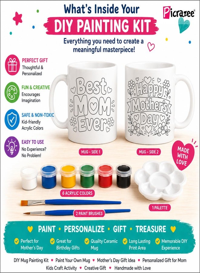 PICRAZEE DIY Mug Painting Kit for Mom | Mother’s Day Gift for Mom from Kids | Paint Your Own Mug Kit with 11oz Ceramic Mug, Acrylic Colors, Brushes & Palette | Handmade Birthday Gift for Mother (D1) - Image 2