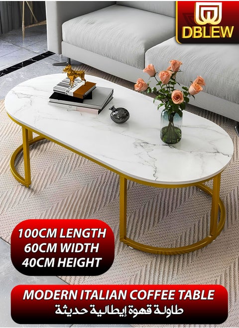 Luxurious Faux Marble Finish Oval Coffee Table Modern Centre Cocktail Sofa Table with Gold Finish Steel Frame Base Living Room Office Reception Bedroom Home Outdoor Garden Patio Decoration Furniture Rounded Rectangle Accent Design Tea Table 100x60x45cm