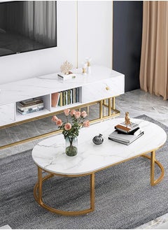 DBLEW Luxurious Faux Marble Finish Oval Coffee Table Modern Centre Cocktail Sofa Table with Gold Finish Steel Frame Base Living Room Office Reception Bedroom Home Outdoor Garden Patio Decoration Furniture Rounded Rectangle Accent Design Tea Table 100x60x45cm  - Image 4