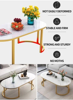 DBLEW Luxurious Faux Marble Finish Oval Coffee Table Modern Centre Cocktail Sofa Table with Gold Finish Steel Frame Base Living Room Office Reception Bedroom Home Outdoor Garden Patio Decoration Furniture Rounded Rectangle Accent Design Tea Table 100x60x45cm  - Image 5