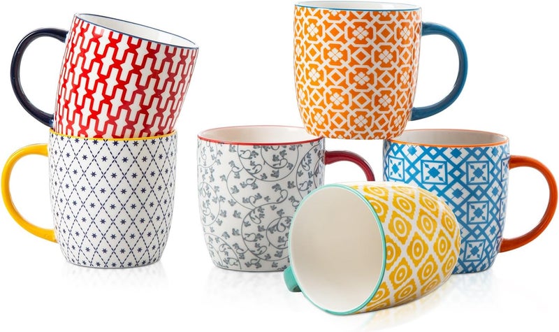 Cerkik Ceramic Coffee Mugs Set  10 Oz Large Porcelain Tea Cups with Handle for Cappuccino Latte Cocoa Milk Tea  Christmas Housewarming Gift  Microwave Dishwasher Safe  Set of 6  Assorted Colors - Image 1