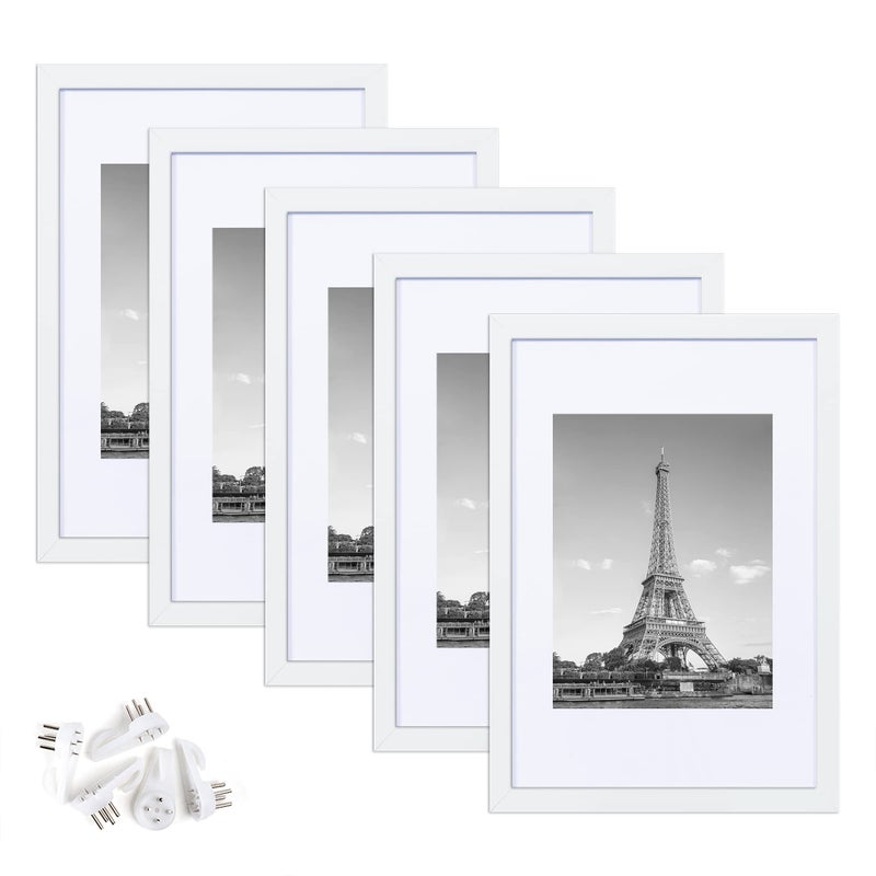 upsimples 8x12 Picture Frame Set of 5 Display Pictures 6x8 with Mat or 8x12 Without Mat Wall Gallery Photo Frames  White - Image 1