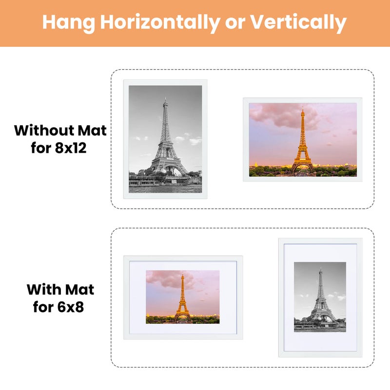 upsimples 8x12 Picture Frame Set of 5 Display Pictures 6x8 with Mat or 8x12 Without Mat Wall Gallery Photo Frames  White - Image 5