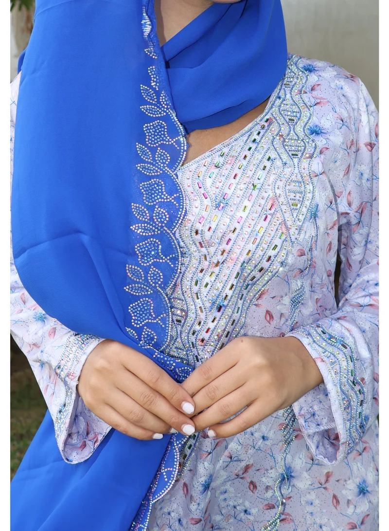 JAMEELA  Alya Azure Midnight Jalabiya With Royal Blue Headscarf for Women | Best Price UAE