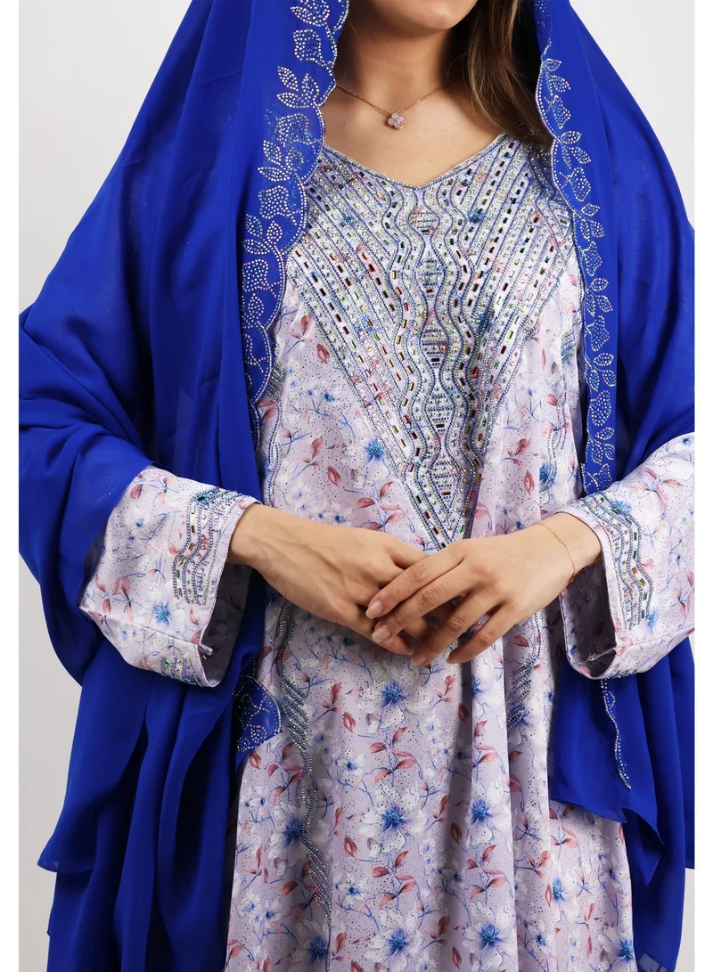 JAMEELA Alya Azure Midnight Jalabiya With Royal Blue Headscarf