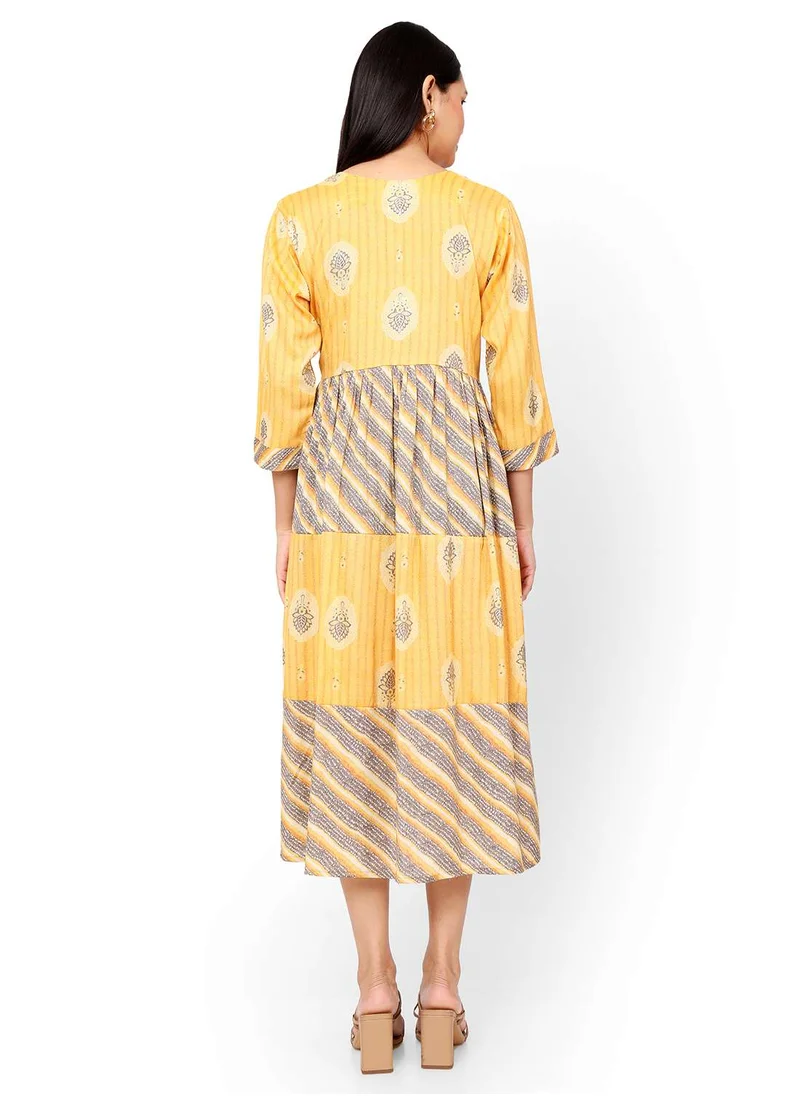 HANA & SARA FRONT STYLED BUTTONED SOFT VISCOSE YELLOW COLOUR SHORT PRINTED CASUAL ARABIC KAFTAN JALABIYA DRESS