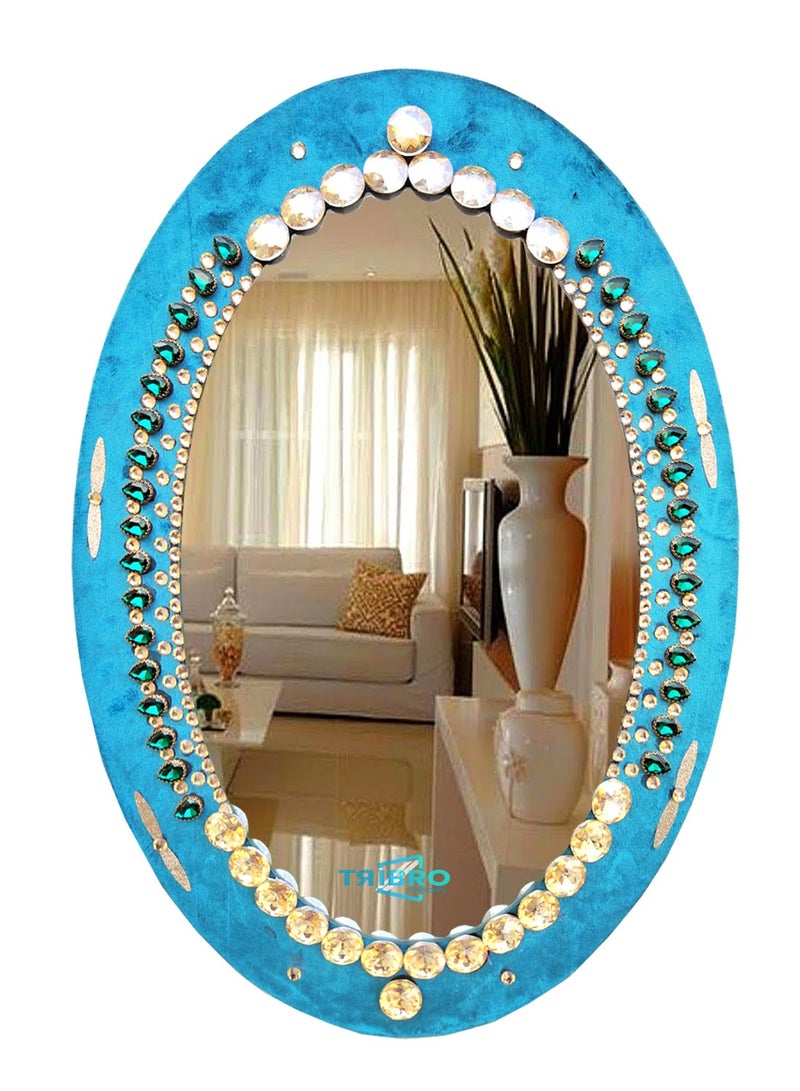 TriBro Oval Shape Luxury Handmade Decorative wall Mirror with Blue Velvet Golden and Green Beads Mounted Wall Mirror Size 40.6 x 5.8cm x 10mm  - Image 1