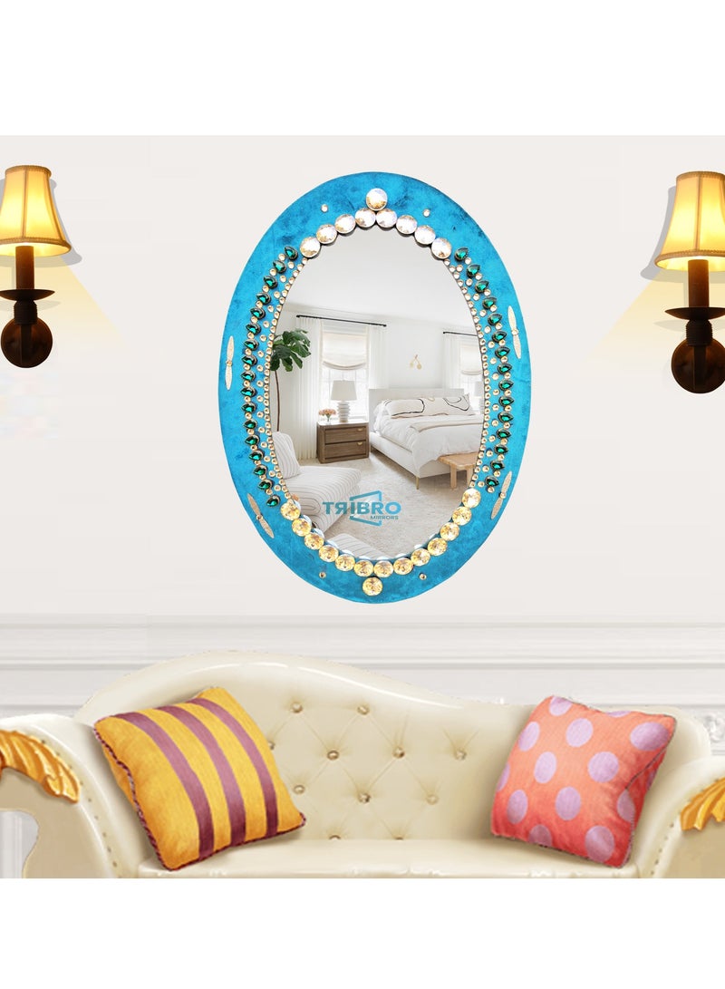 TriBro Oval Shape Luxury Handmade Decorative wall Mirror with Blue Velvet Golden and Green Beads Mounted Wall Mirror Size 40.6 x 5.8cm x 10mm  - Image 2