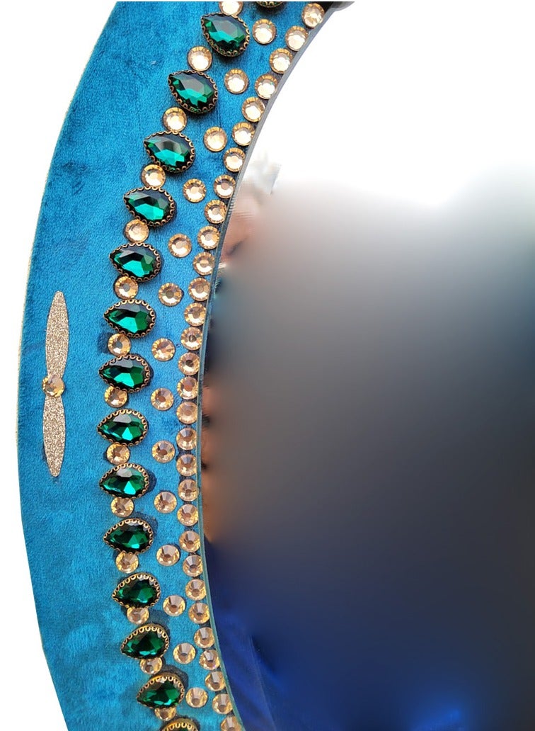 TriBro Oval Shape Luxury Handmade Decorative wall Mirror with Blue Velvet Golden and Green Beads Mounted Wall Mirror Size 40.6 x 5.8cm x 10mm  - Image 3