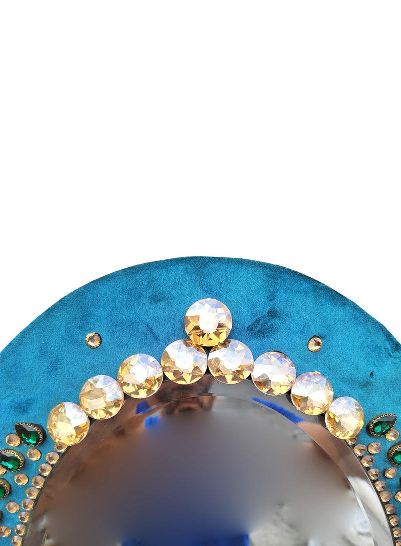 TriBro Oval Shape Luxury Handmade Decorative wall Mirror with Blue Velvet Golden and Green Beads Mounted Wall Mirror Size 40.6 x 5.8cm x 10mm  - Image 4